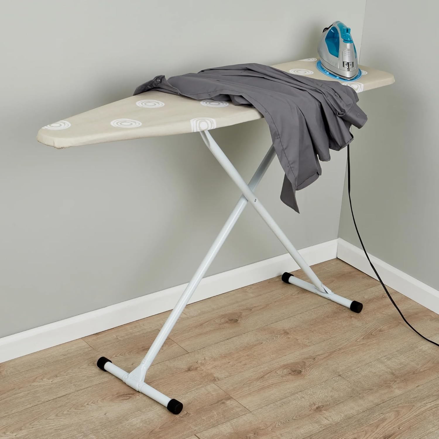 T-Leg Ironing Board with Cotton Cover, Beige, Steel Frame, 53x14x35 Inch, Height Adjustable, Perforated Top, Foldable